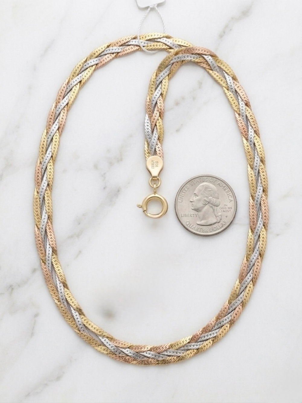 925 Italy Tri-Color Braided Herringbone Necklace — Gold Rose Silver Sterling 18” - Picture 6 of 7